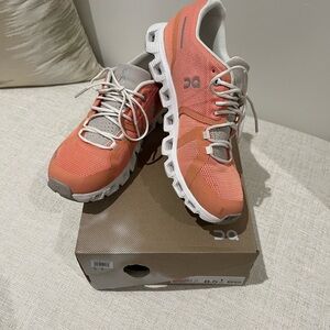 On Running Coral and White Women's Cloud Running Shoes